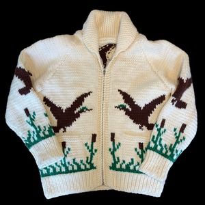 Vintage Duck Hunting Hand Knit Wool Cowichan Sweater Unisex Size Large Heavy